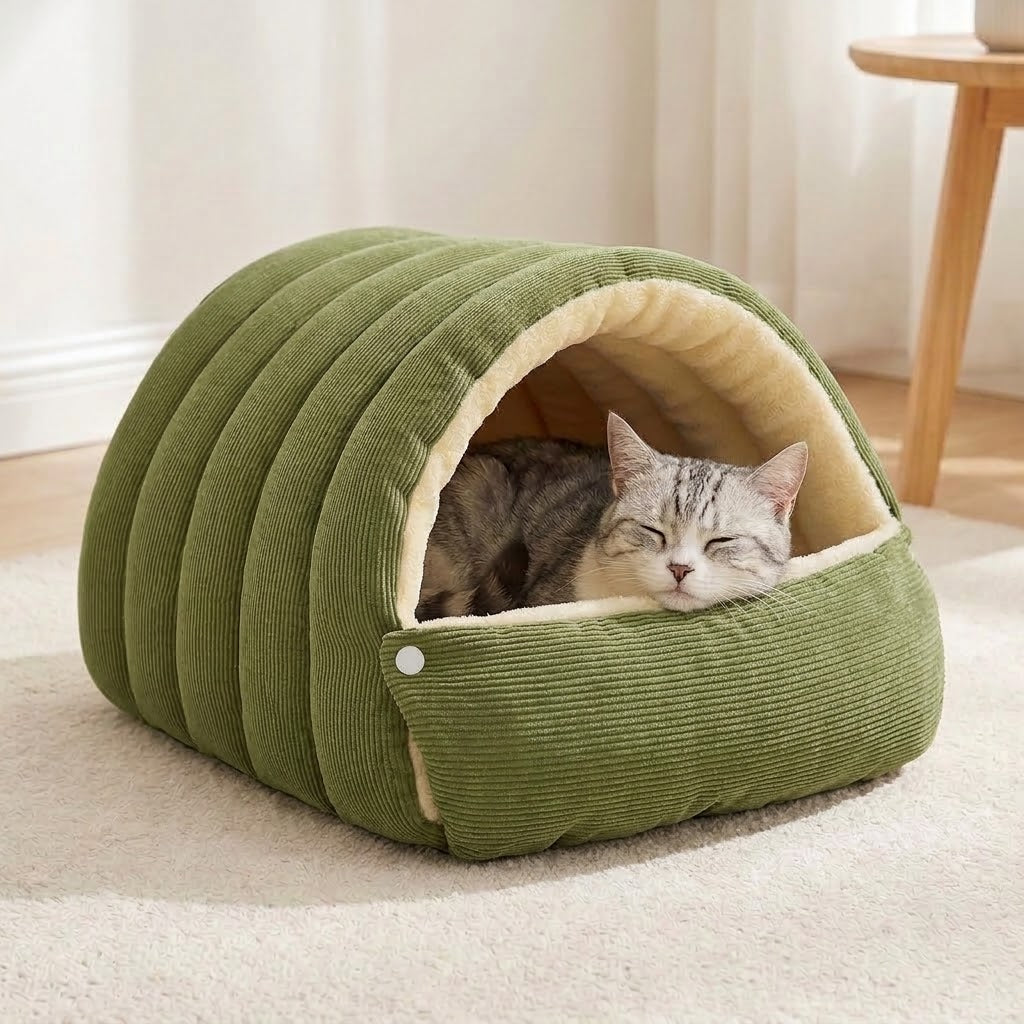 Kuschelhöhle mit Kuppeldach für kleine Hunde & Katzen – Plüsch innen, Cord-Optik außen, 2 Größen