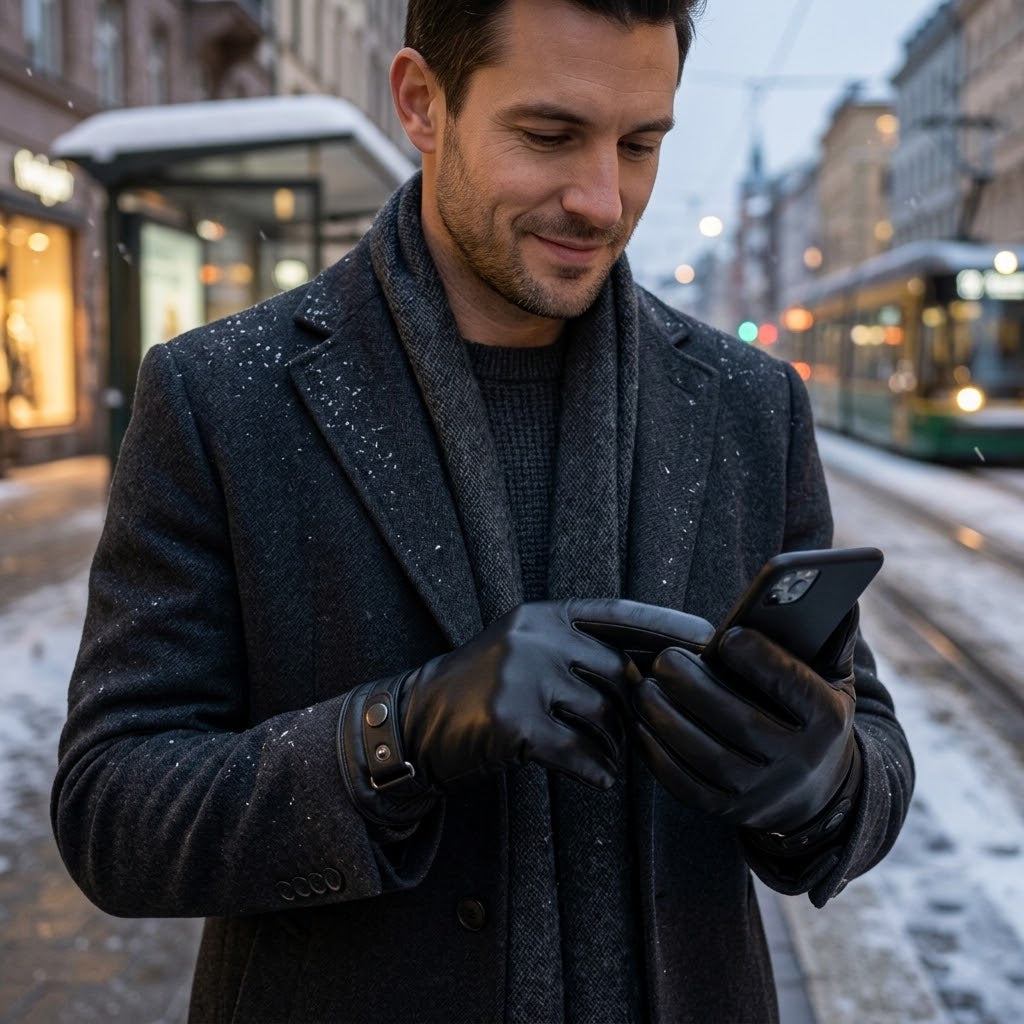 Sheepskin leather gloves with touchscreen functionality on all fingers, fleece lining