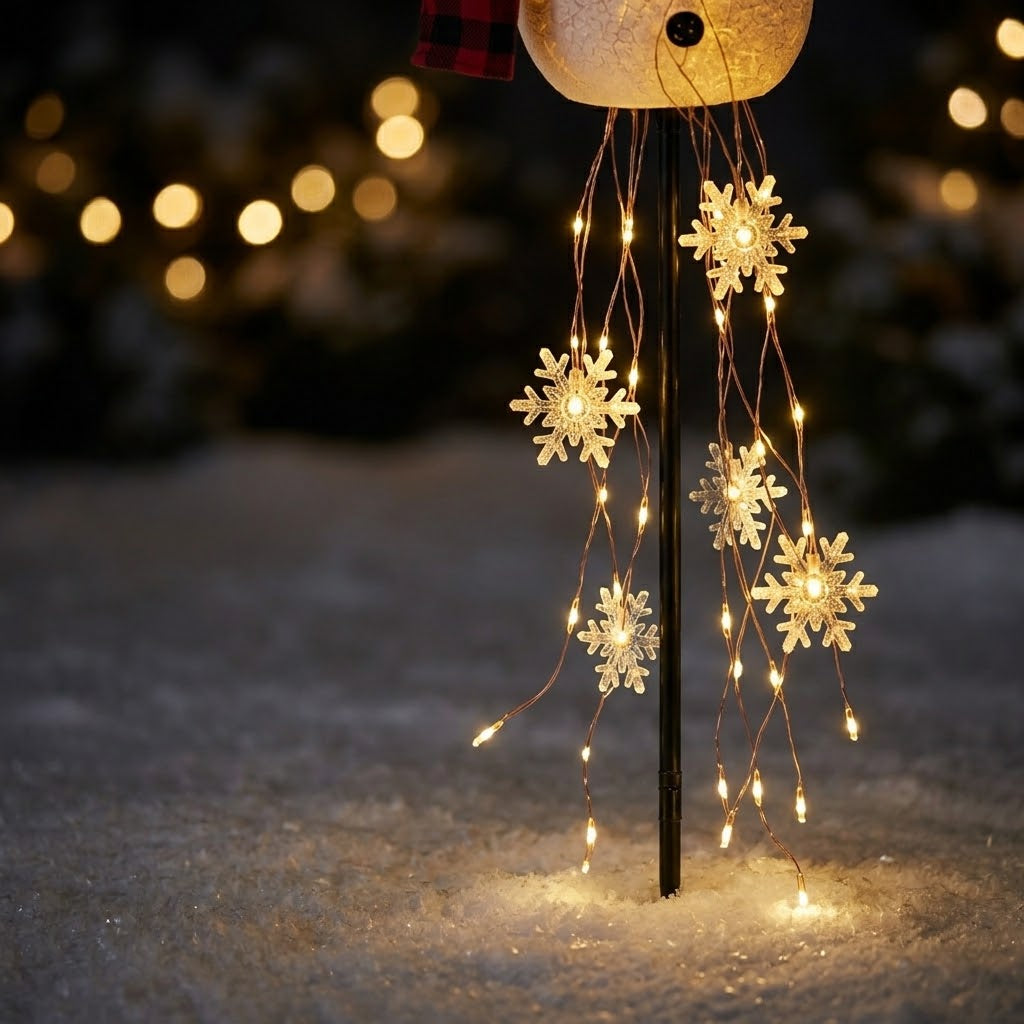 Solar snowman garden stake with light-up globe & snowflake string lights, warm white