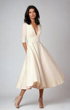 Midi-Kleid A-Linie mit V-Ausschnitt und 3/4-Ärmeln