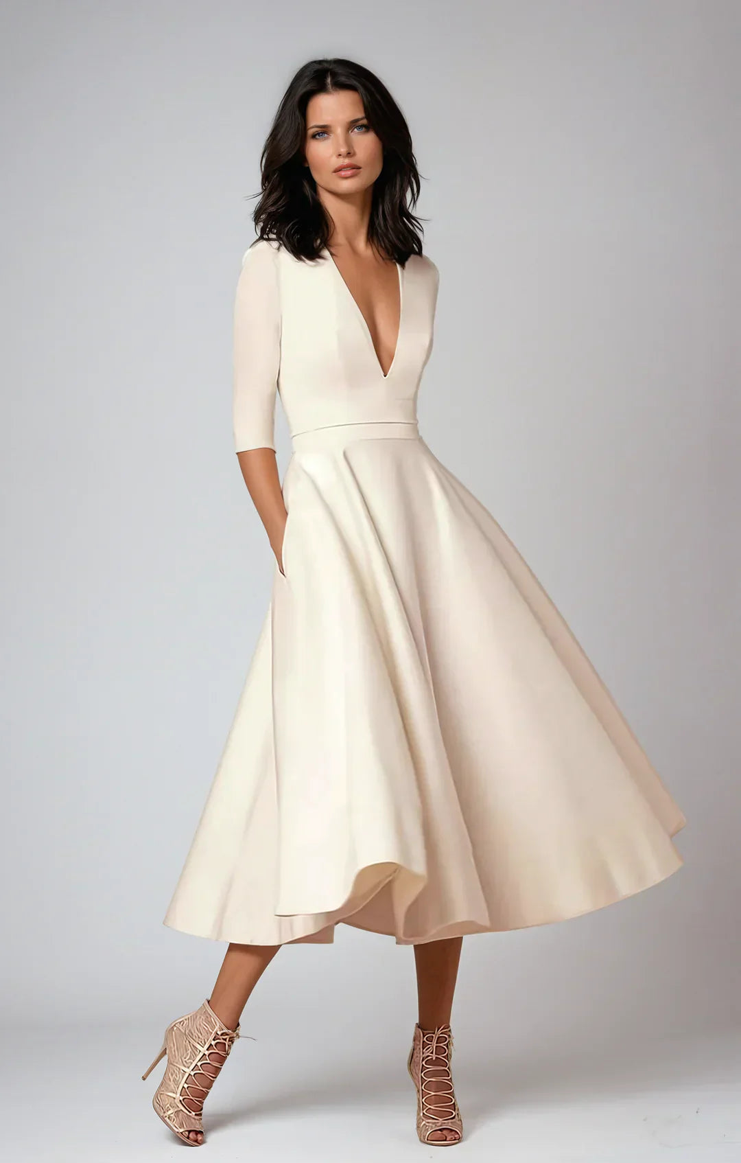 Midi-Kleid A-Linie mit V-Ausschnitt und 3/4-Ärmeln
