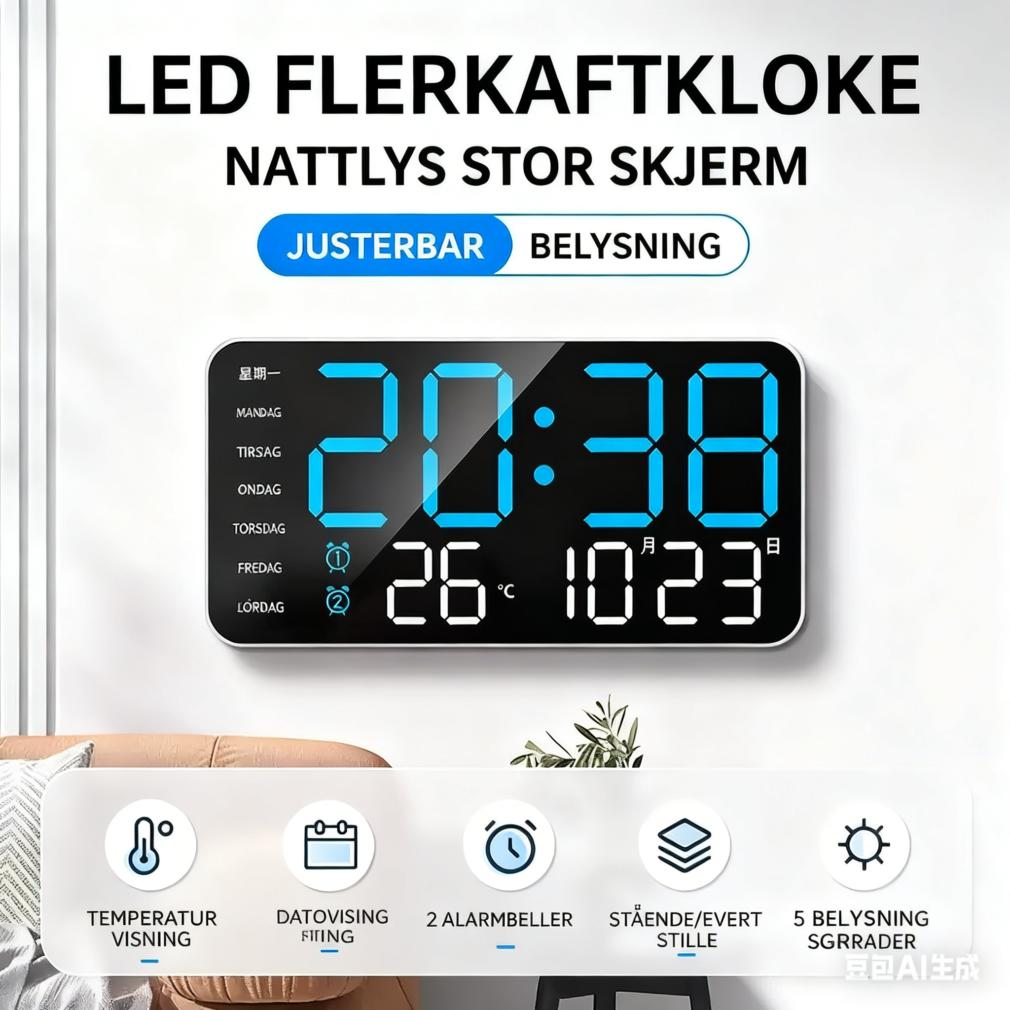 LED wall clock with digital display