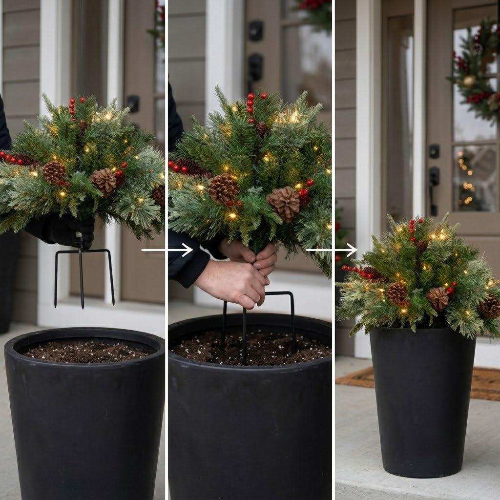 Weihnachtsgesteck beleuchtet mit Tannenzapfen & Beeren, Dreibein-Stab, 45 x 68 cm
