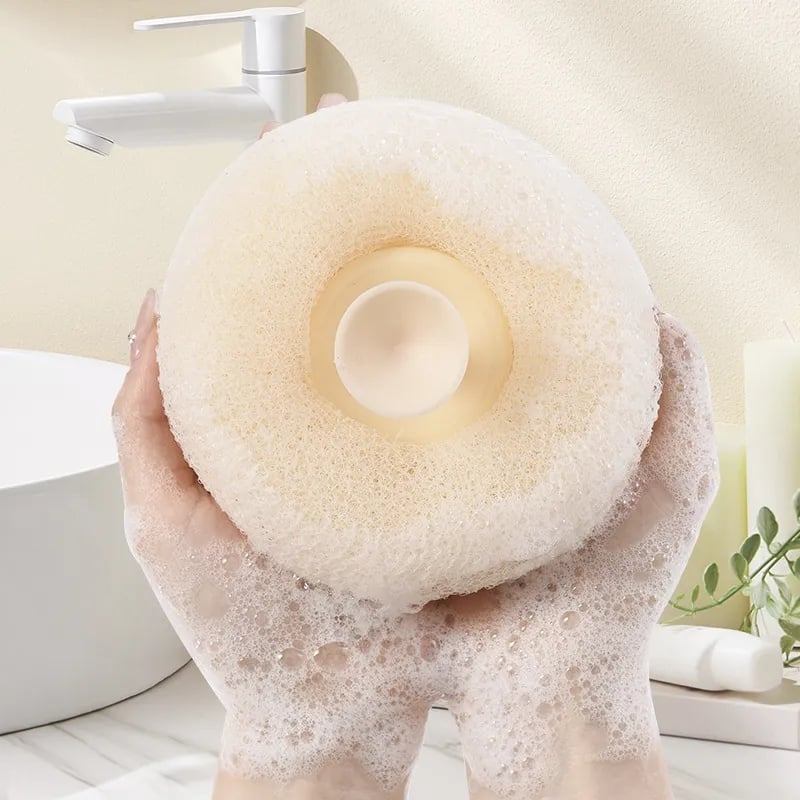 Shower sponge with massage knobs and ergonomic handle