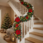 2.7 m LED Christmas garland with fir branches, poinsettias & baubles