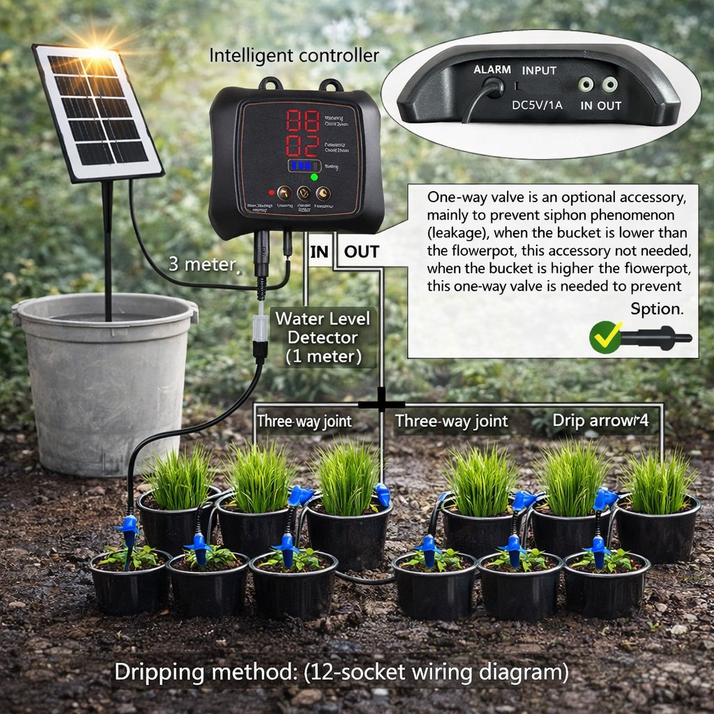 Solar watering system for 12 plants with digital timer