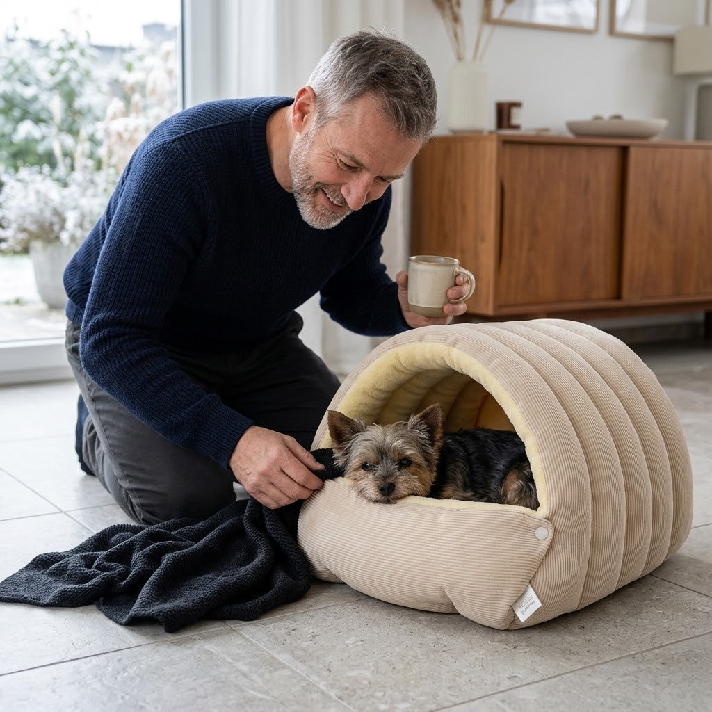Kuschelhöhle mit Kuppeldach für kleine Hunde & Katzen – Plüsch innen, Cord-Optik außen, 2 Größen