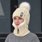 Knitted hat with scarf and fur pom-pom – Windproof for cold days