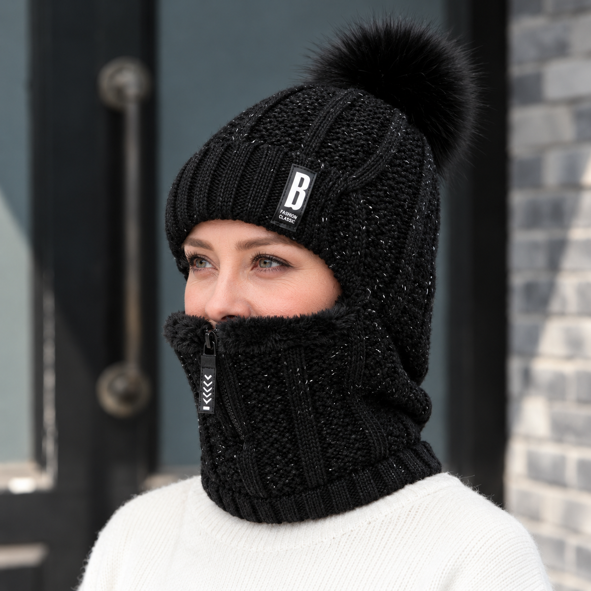 Knitted hat with scarf and fur pom-pom – Windproof for cold days