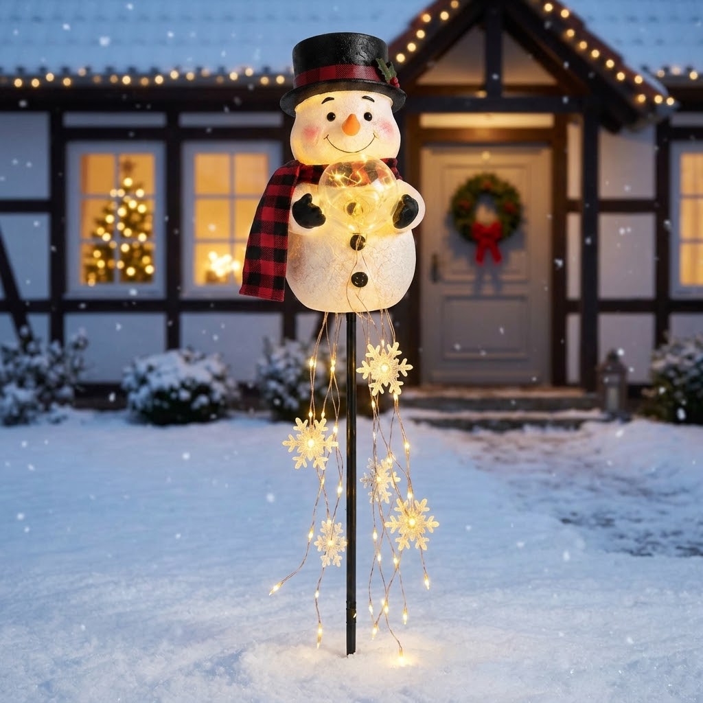 Solar snowman garden stake with light-up globe & snowflake string lights, warm white