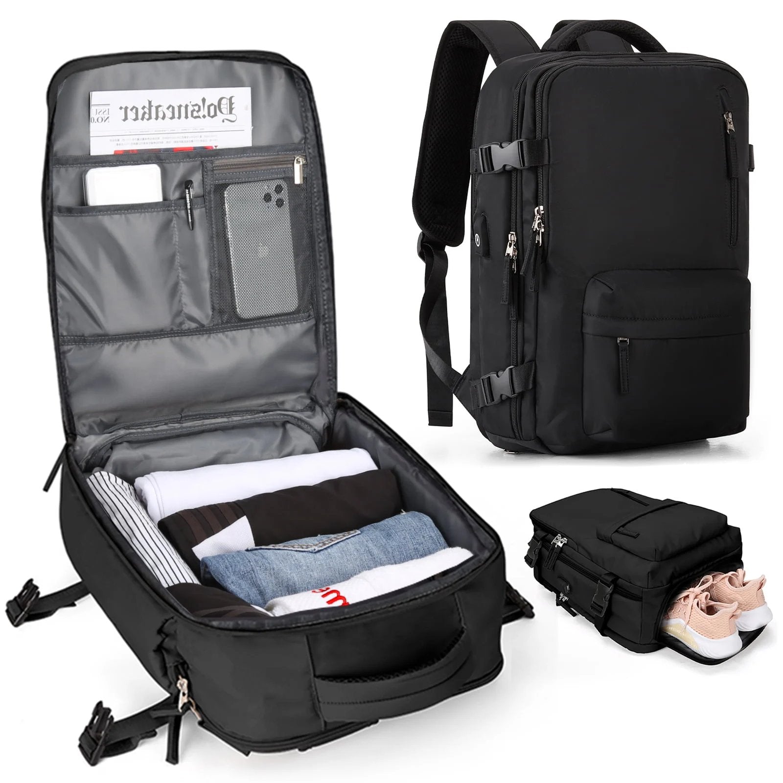 Travel backpack 35 L with USB port and shoe compartment