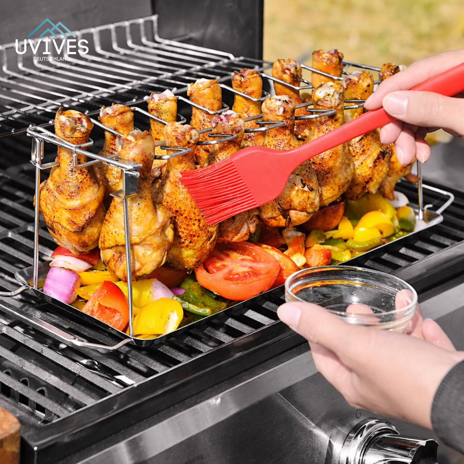 Hähnchenschenkel-Grillrost mit Auffangschale – Edelstahl