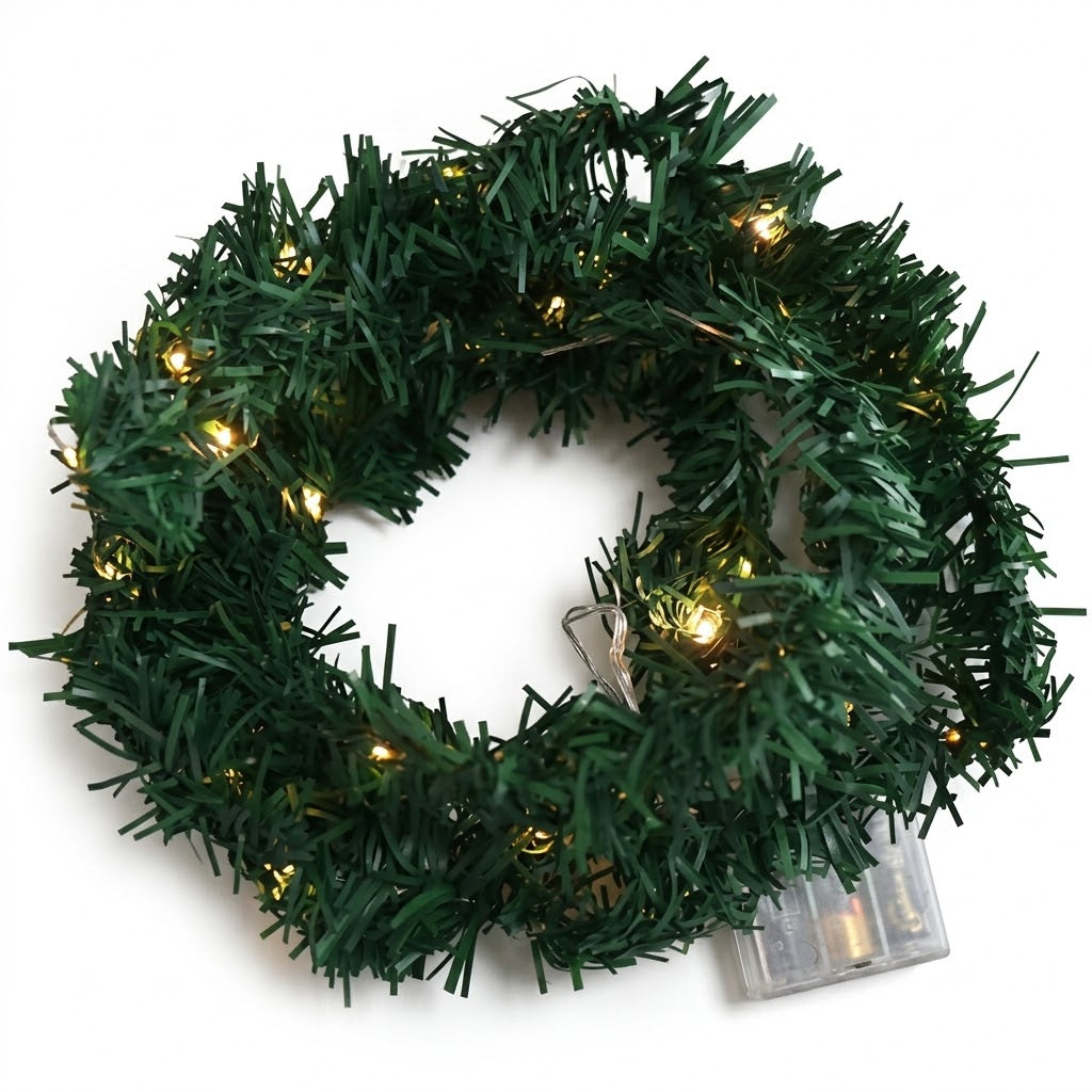 Wall-mounted Christmas tree with LED string lights – DIY fir garland, warm white, battery-operated