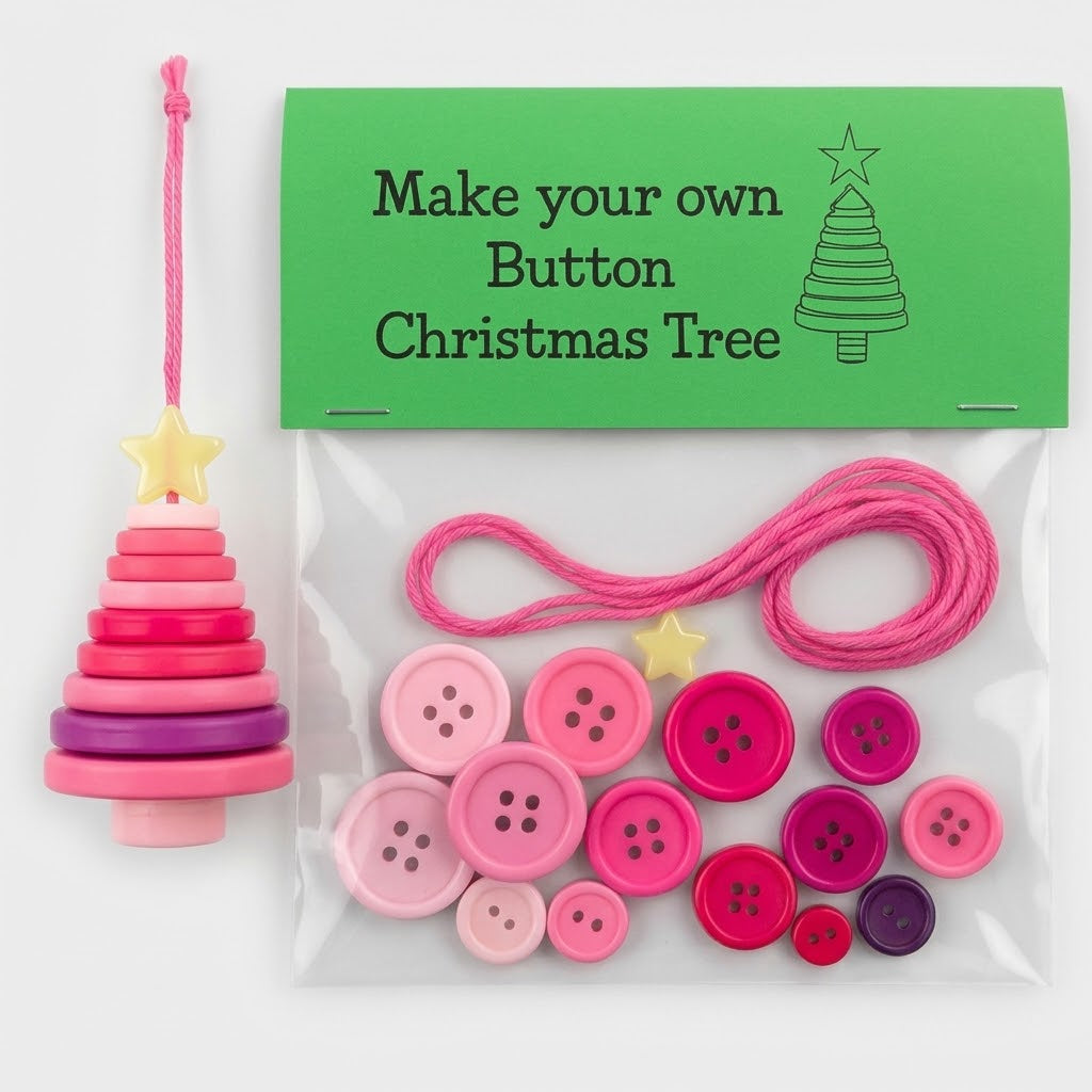 DIY Christmas ornaments made from buttons, craft kit with thread and accessories
