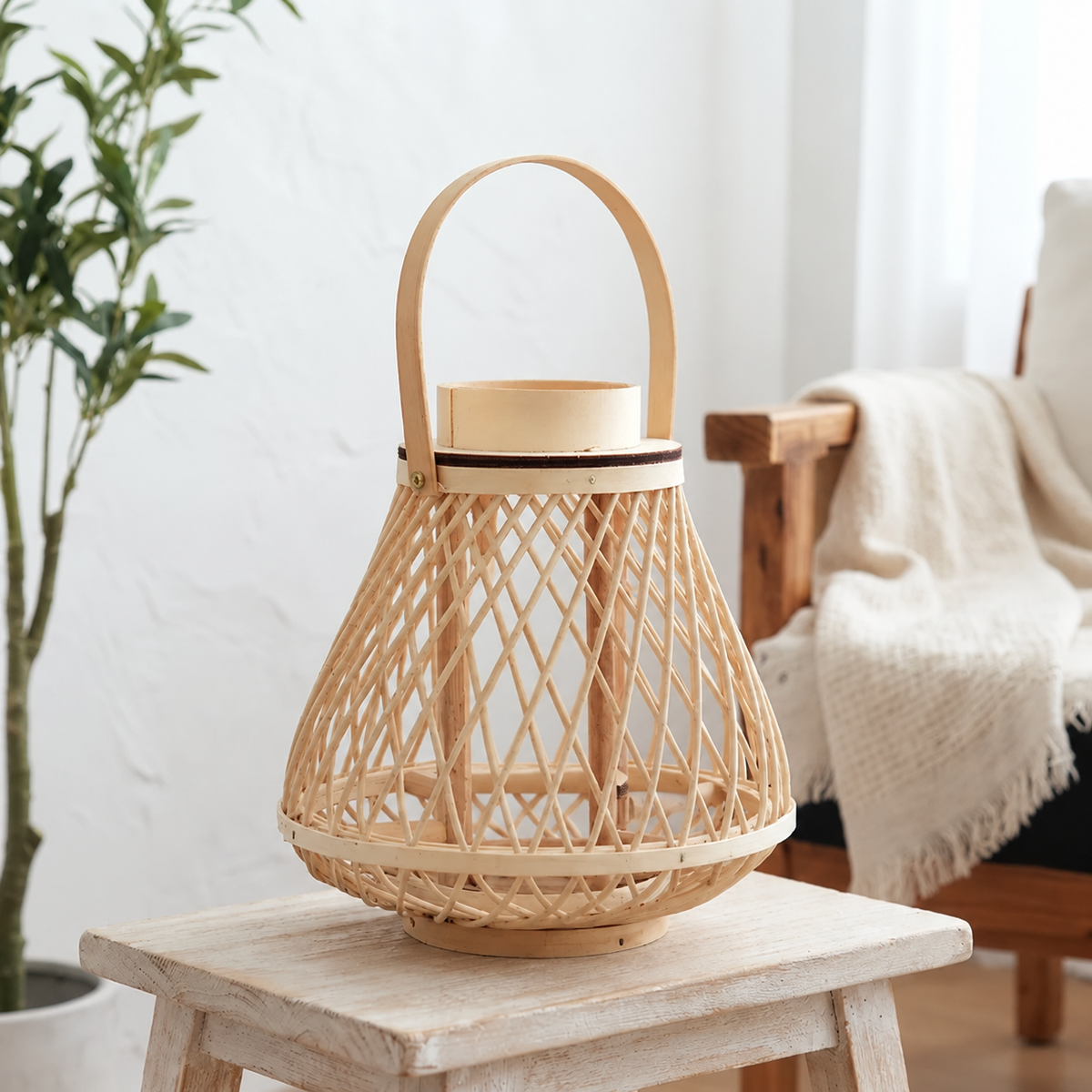Rattan lantern with LED candle, handwoven, flameless — in oval, round, or pyramid shapes