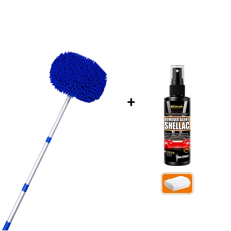 Telescopic car wash brush with rotating microfiber head