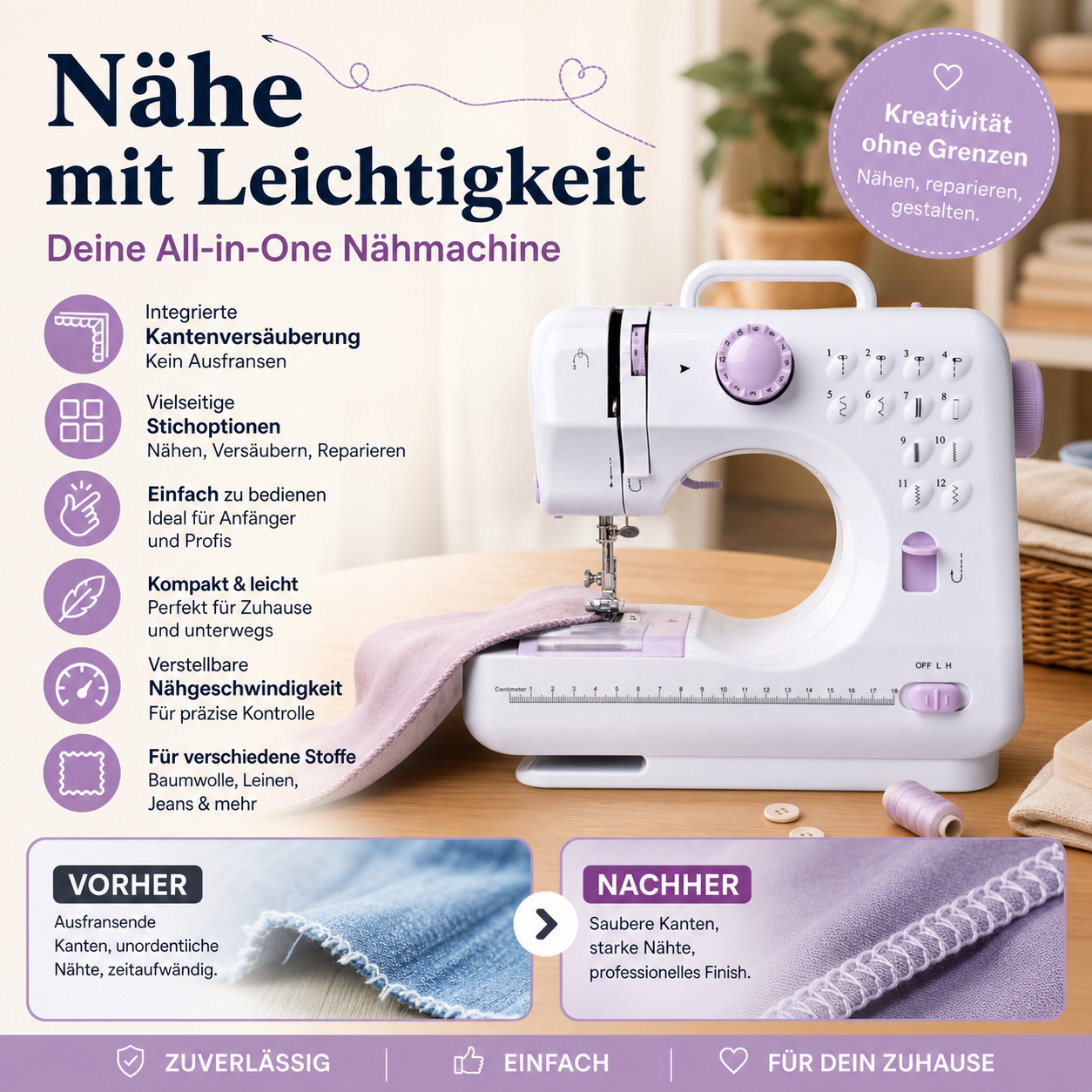 Mini-Nähmaschine mit 12 Stichen – kompakt & robust