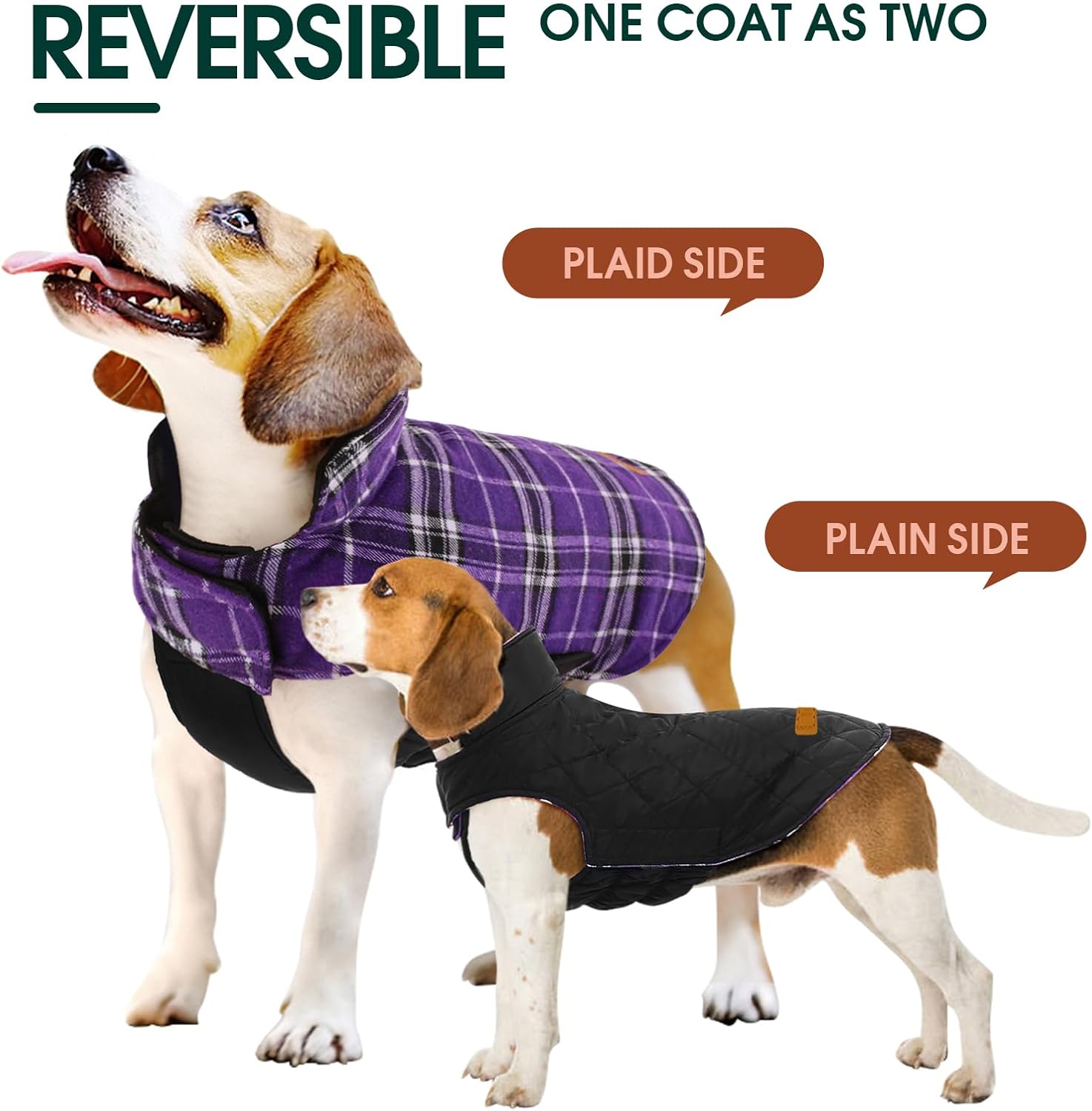 Reversible waterproof dog jacket with British check pattern