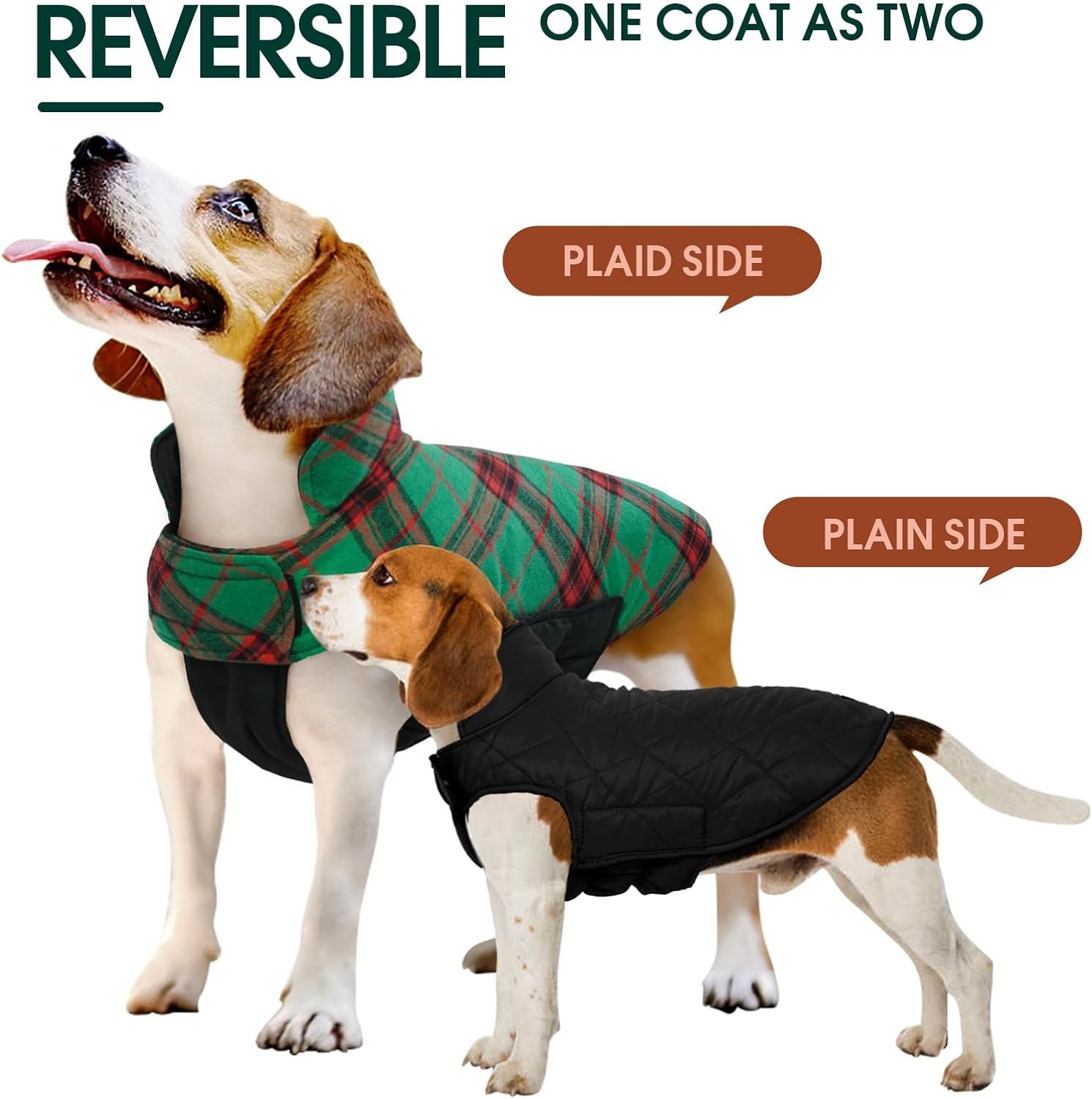 Reversible waterproof dog jacket with British check pattern