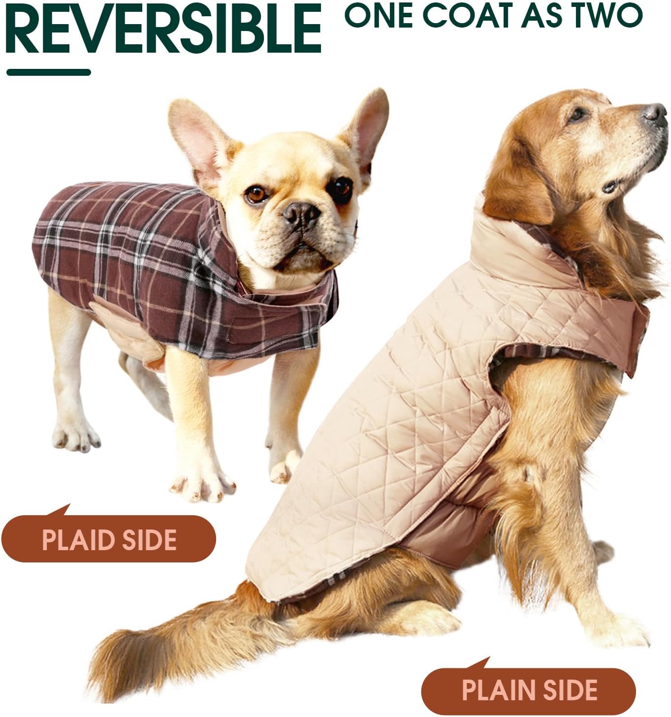 Reversible waterproof dog jacket with British check pattern