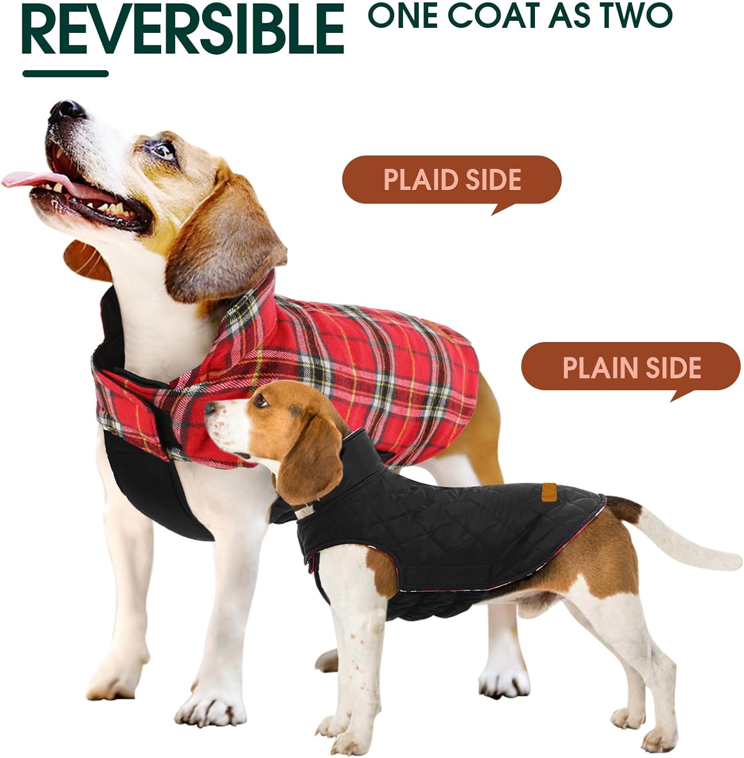 Reversible waterproof dog jacket with British check pattern
