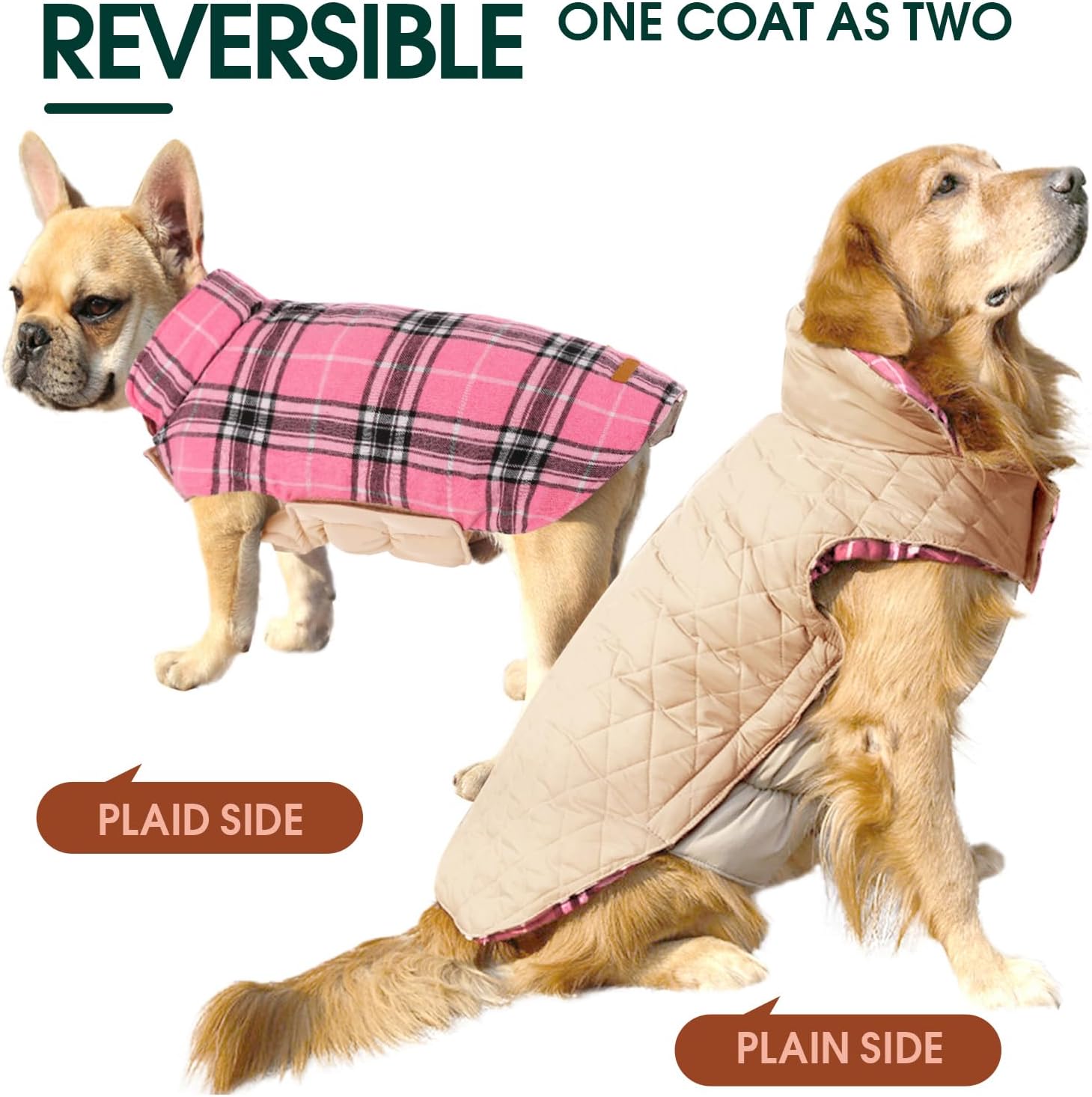 Reversible waterproof dog jacket with British check pattern