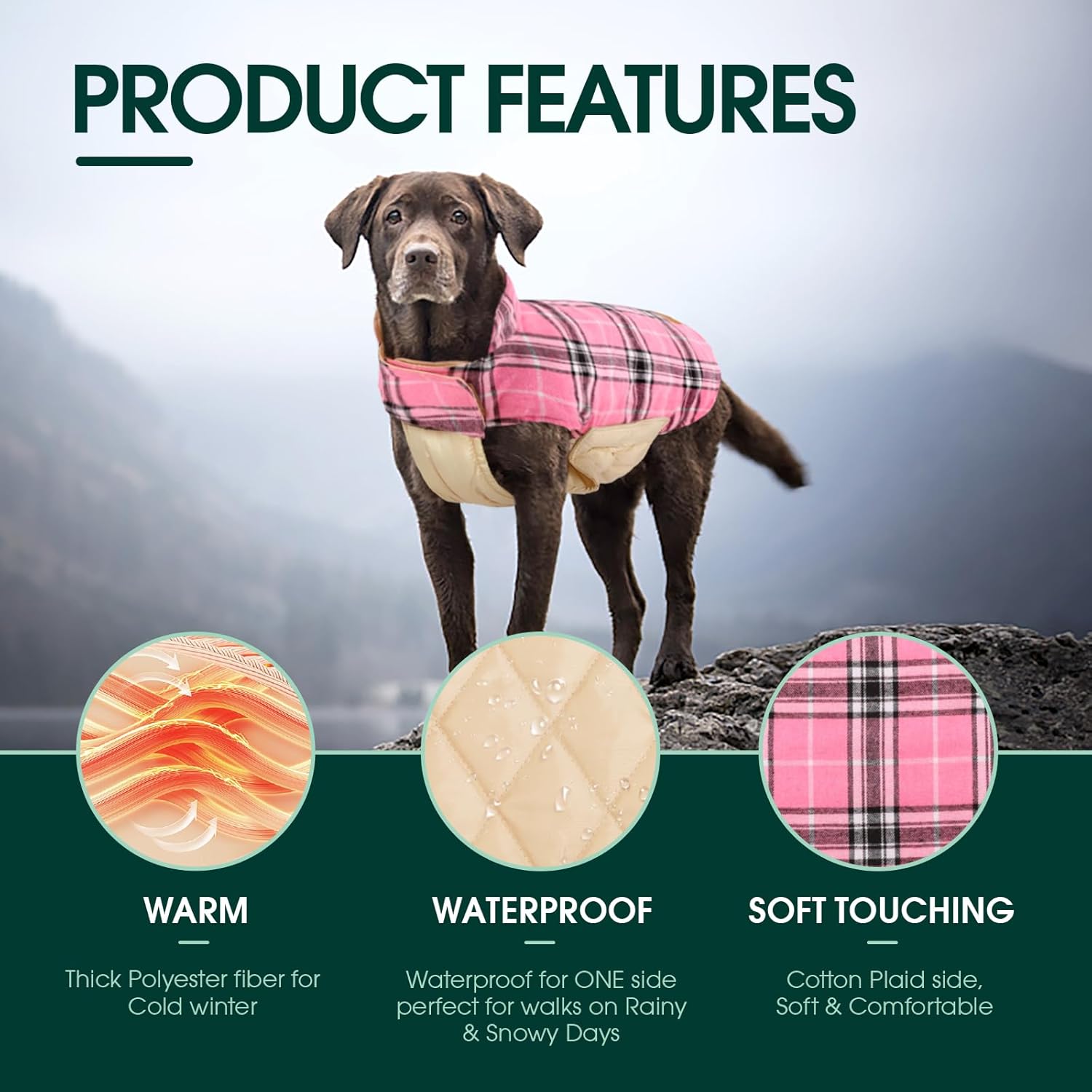 Reversible waterproof dog jacket with British check pattern