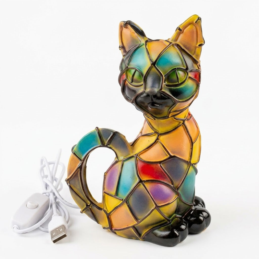 LED-Katzen-Nachtlicht in Buntglas-Optik mit USB-Anschluss