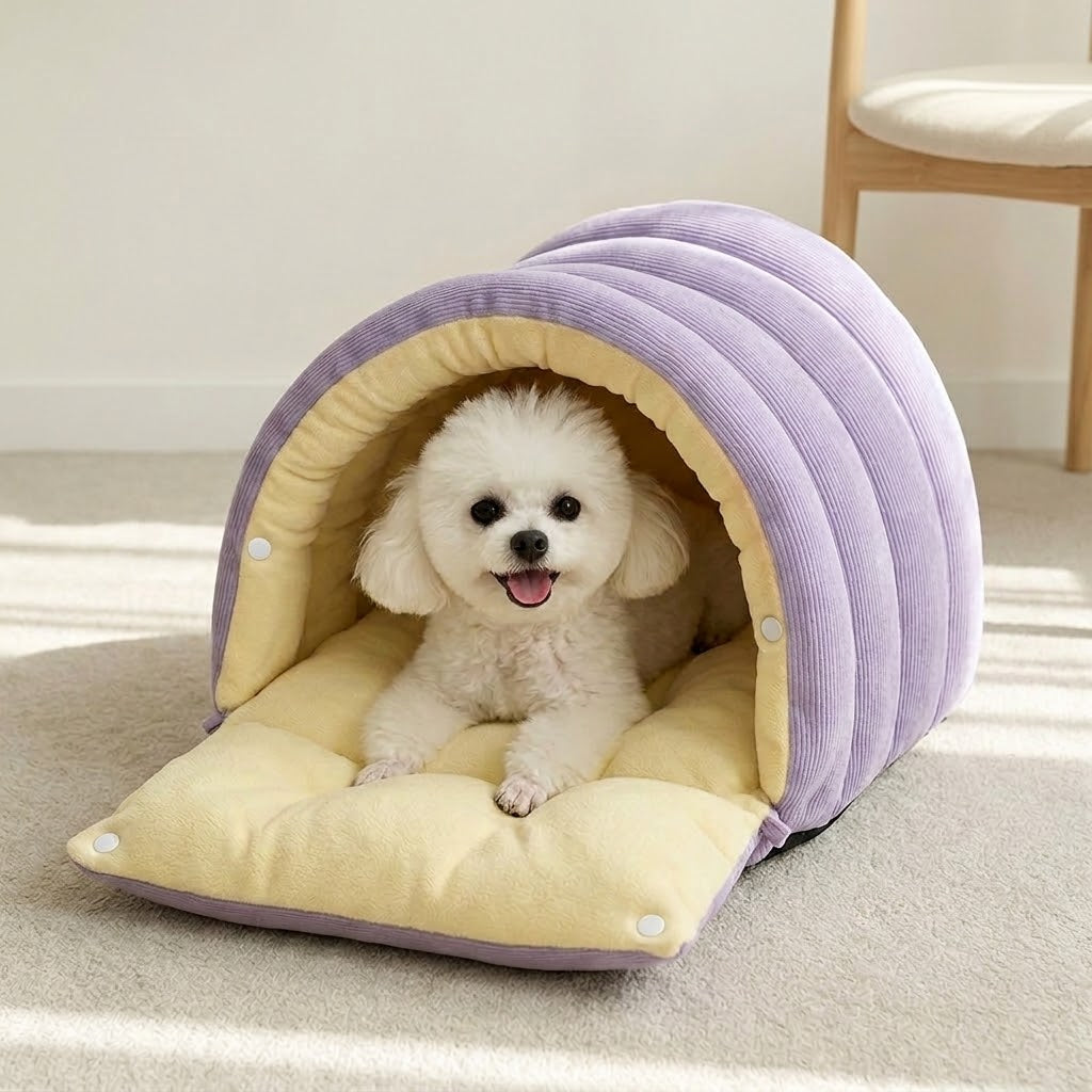 Kuschelhöhle mit Kuppeldach für kleine Hunde & Katzen – Plüsch innen, Cord-Optik außen, 2 Größen