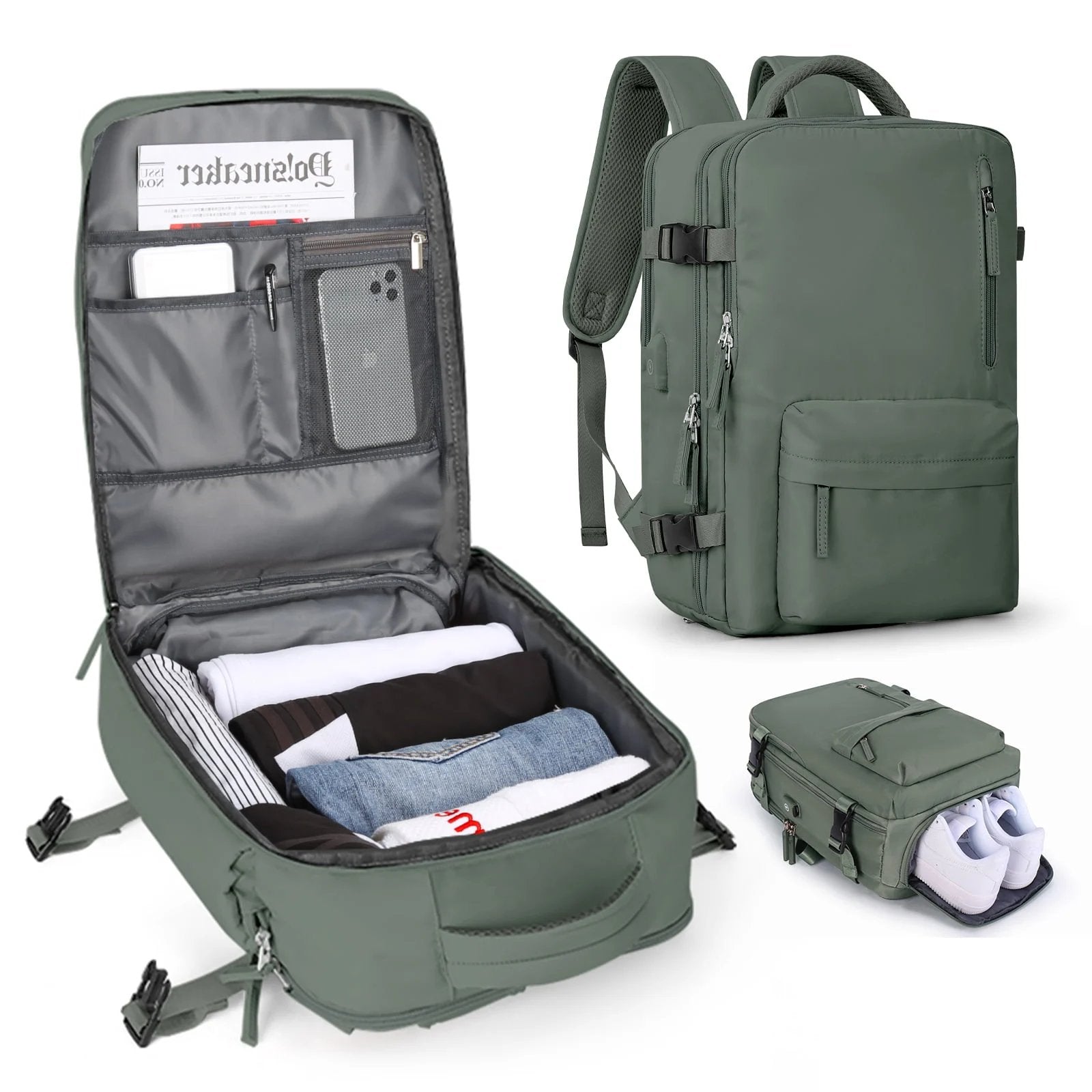 Travel backpack 35 L with USB port and shoe compartment