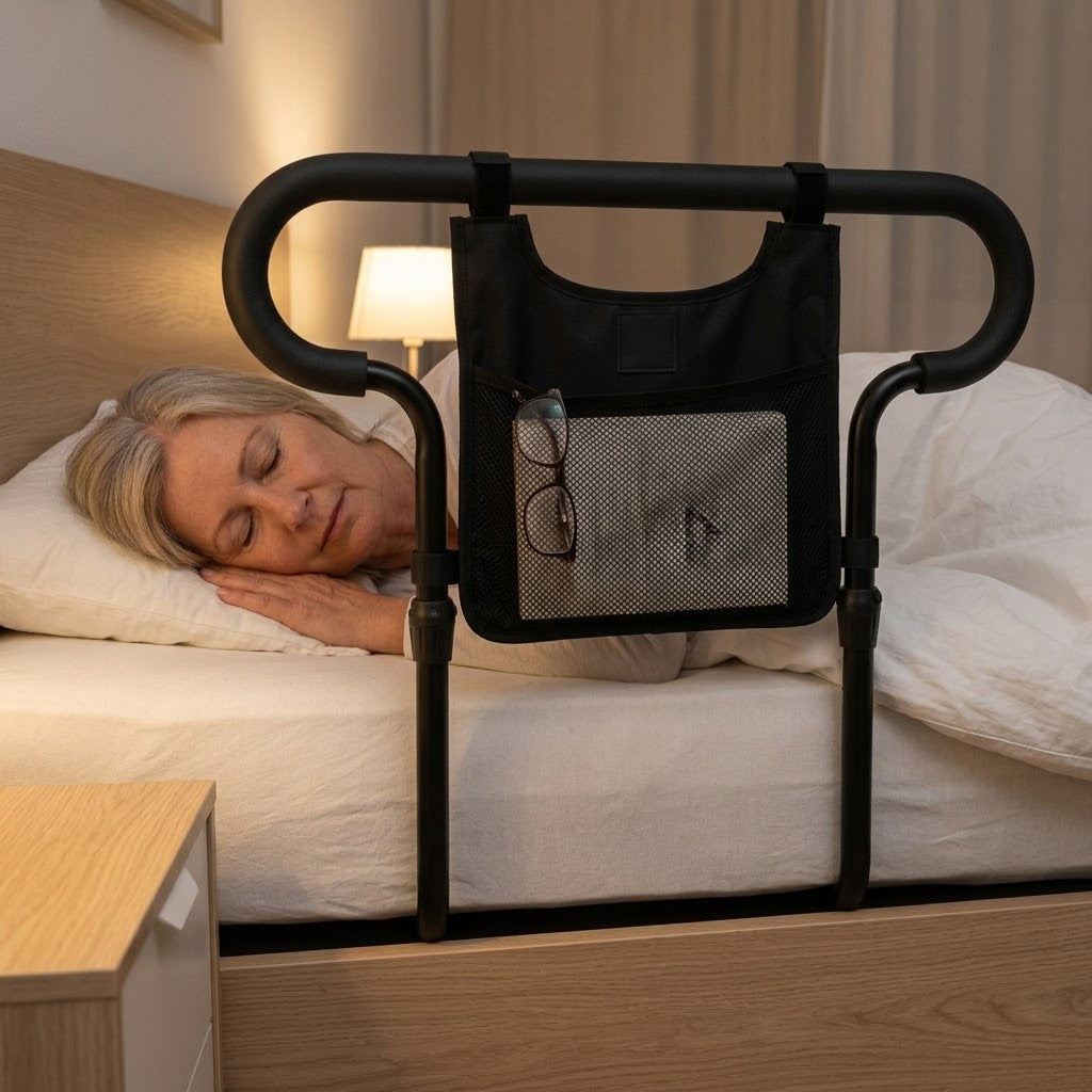 Bed rail assist handle with storage pouch, height-adjustable, up to 136 kg
