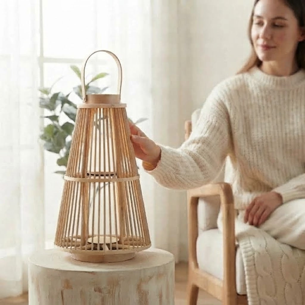 Rattan lantern with LED candle, handwoven, flameless — in oval, round, or pyramid shapes