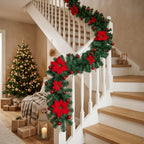 Christmas garland 2.7 m with fir branches, poinsettias & baubles