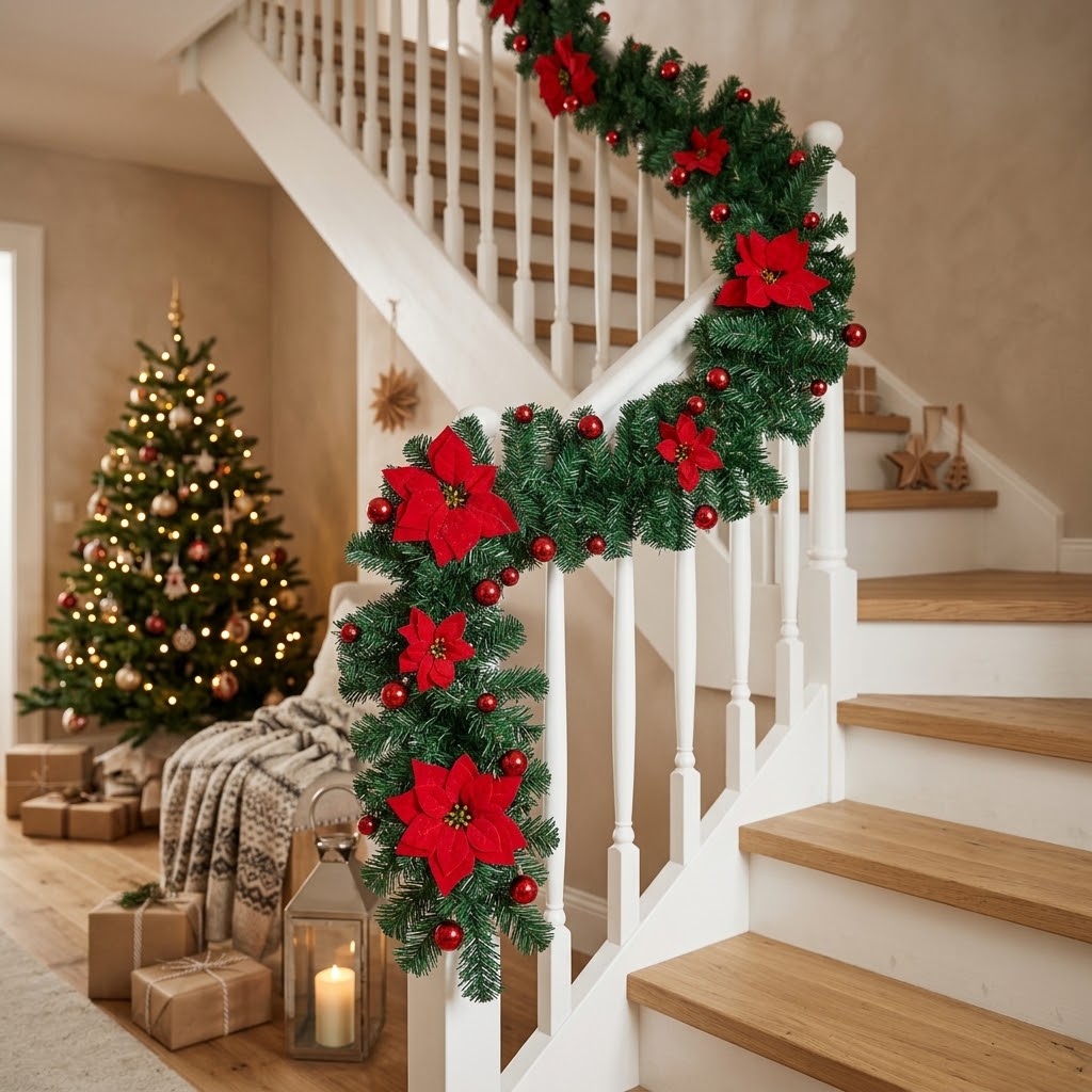 Christmas garland 2.7 m with fir branches, poinsettias & baubles