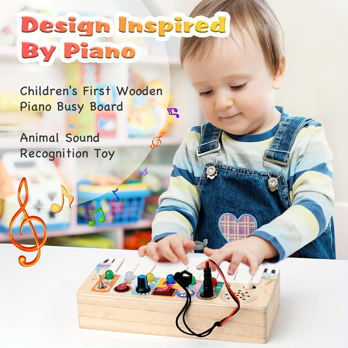 Wooden music learning toy with keys and lights
