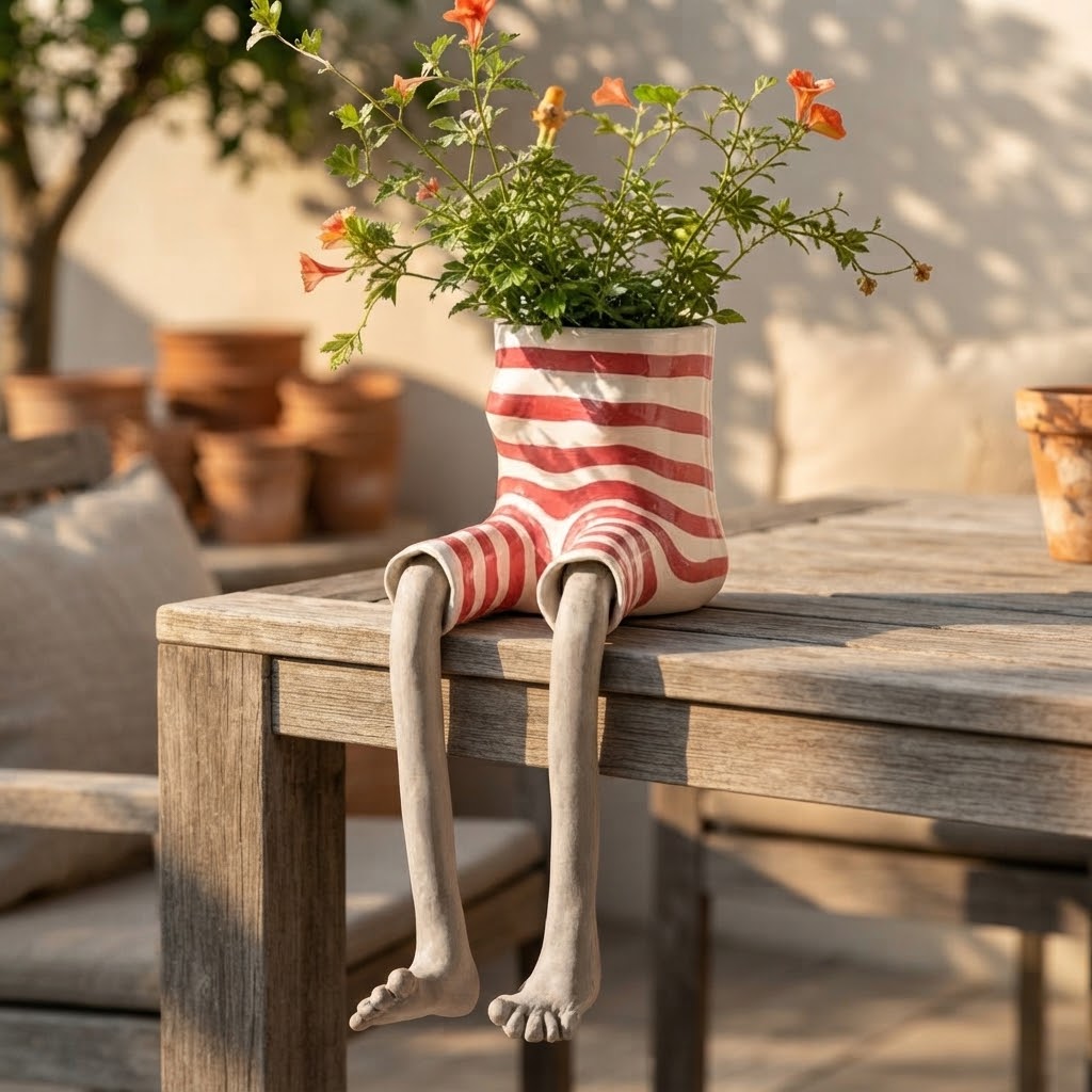 Mini flower pot with sitting legs for table, wall, and shelf edges, polyresin, hand-painted, 6 × 12 × 10 cm