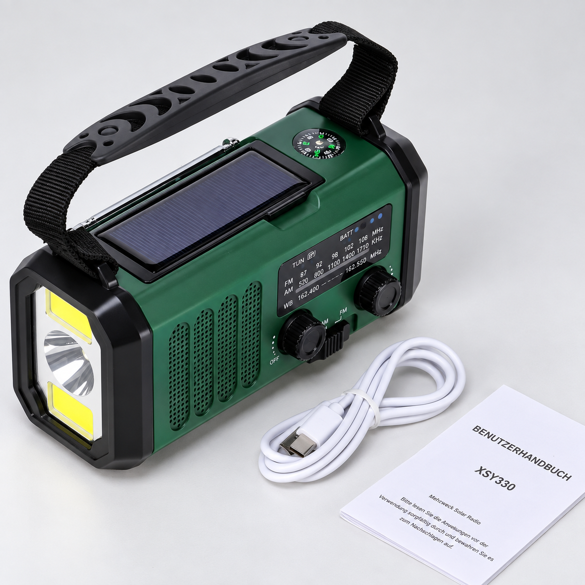 Notfallradio mit Kurbel, Solar und Powerbank-Funktion