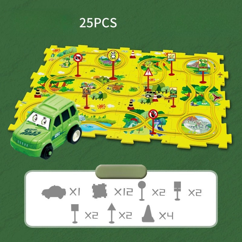 Puzzle-Straßenset mit Auto und Verkehrsschildern