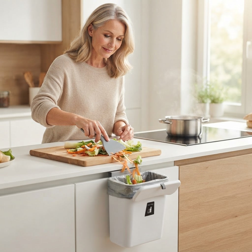Hanging kitchen trash bin with lid for cabinet doors