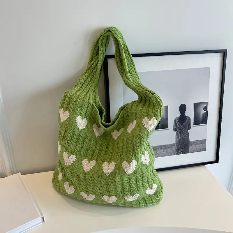 Knitted Bag with Heart Pattern – Durable Shopping Bag