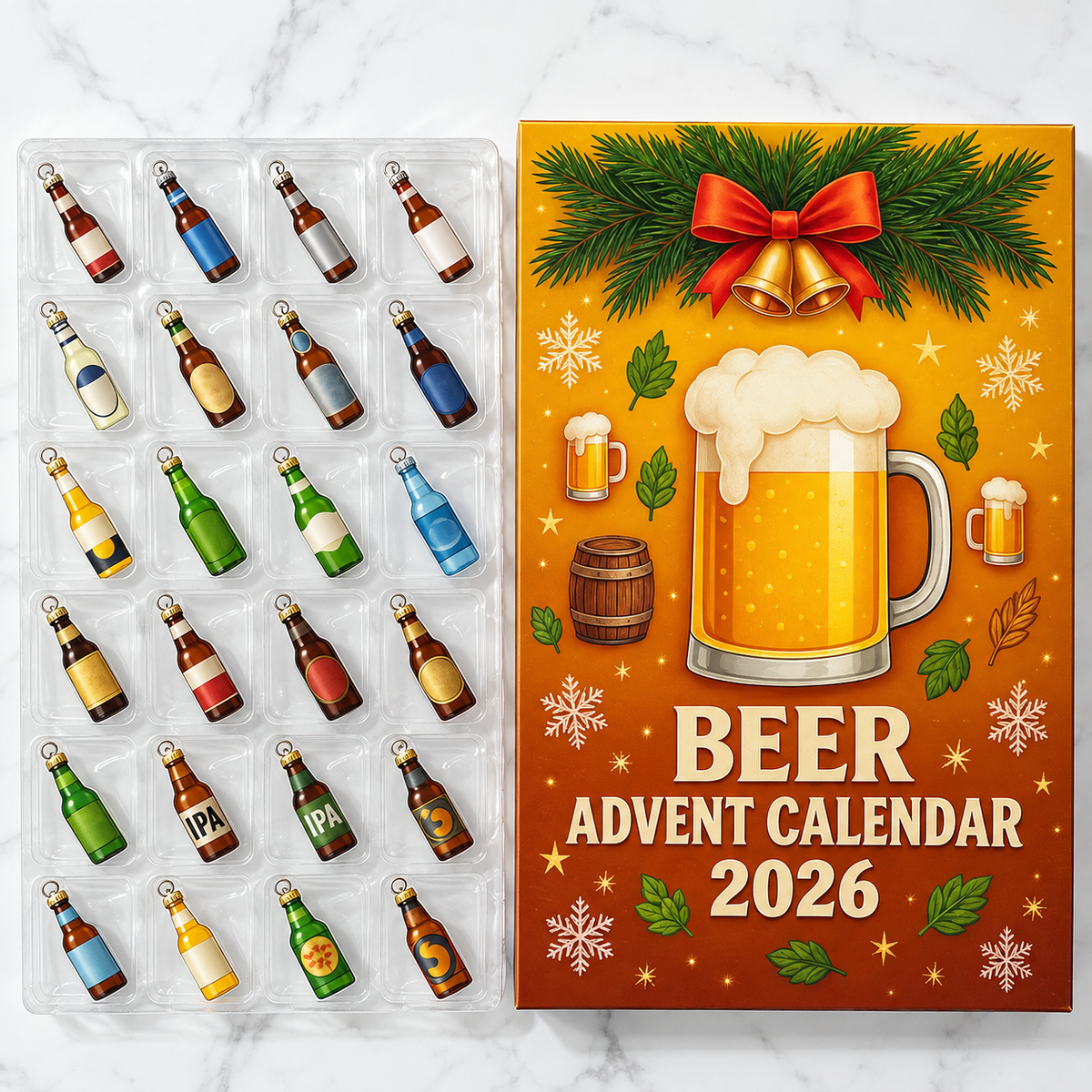 Beer Advent calendar 2026 with 24 flat beer bottle ornaments (approx. 3.9 cm), including hanging ribbons