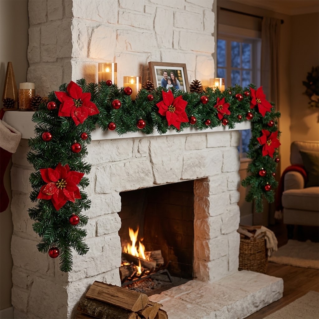 Christmas garland 2.7 m with fir branches, poinsettias & baubles