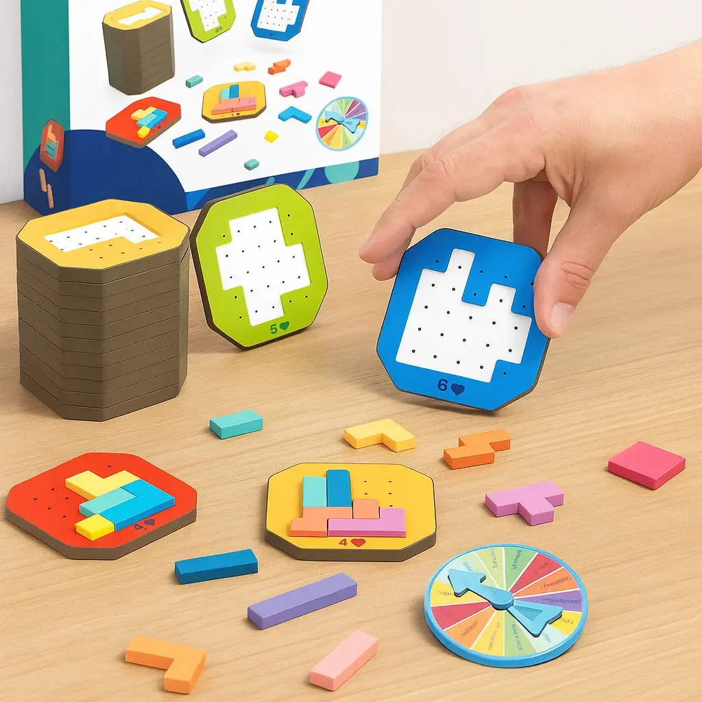 Logik-Puzzlespiel mit 108 bunten Teilen und 20 Aufgabenkarten