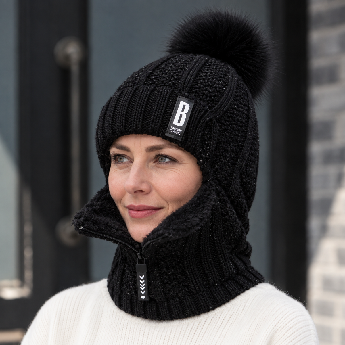 Knitted hat with scarf and fur pom-pom – Windproof for cold days
