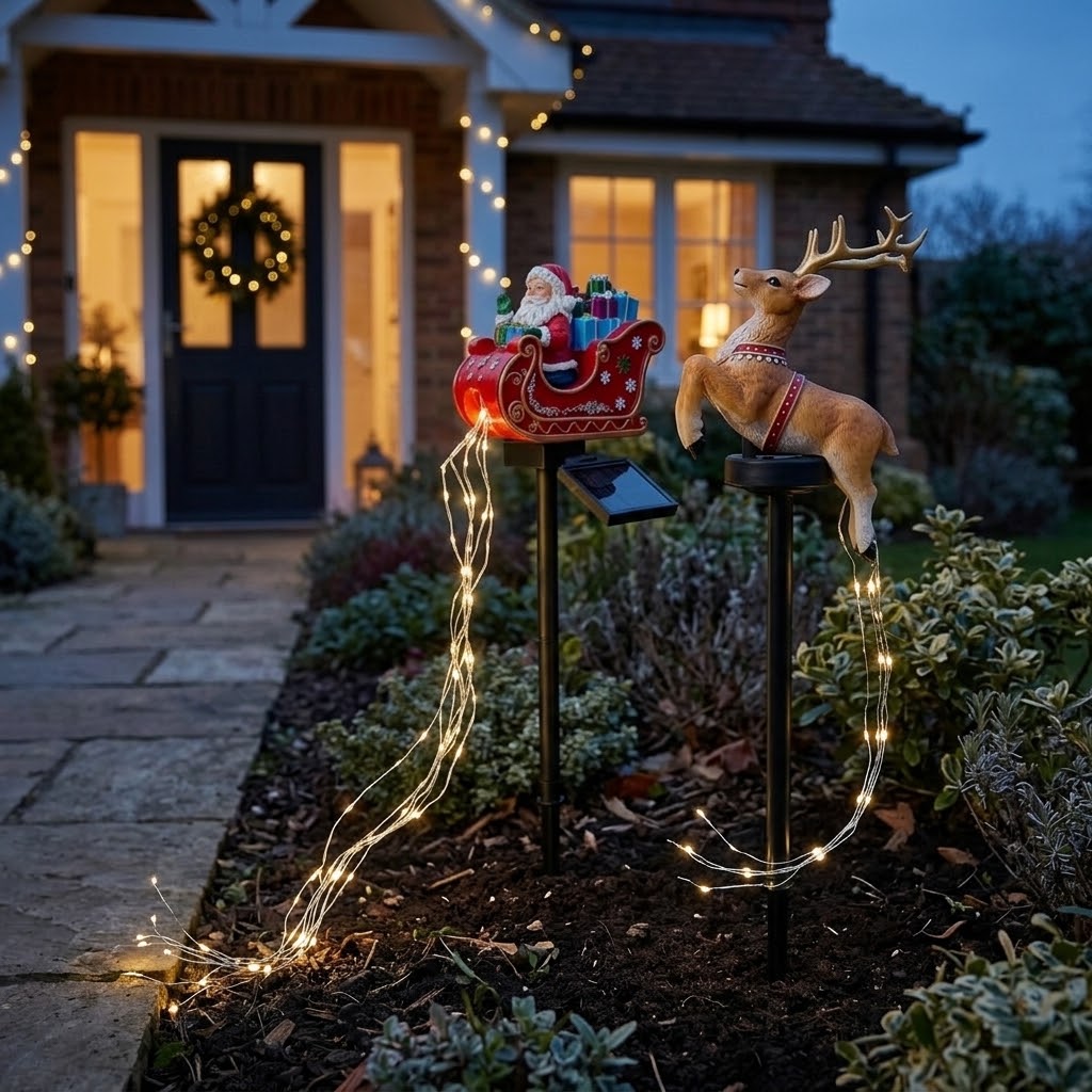 Solar-Gartenstecker Weihnachtsmann im Schlitten oder Rentier – mit funkelndem LED-Lichterschweif