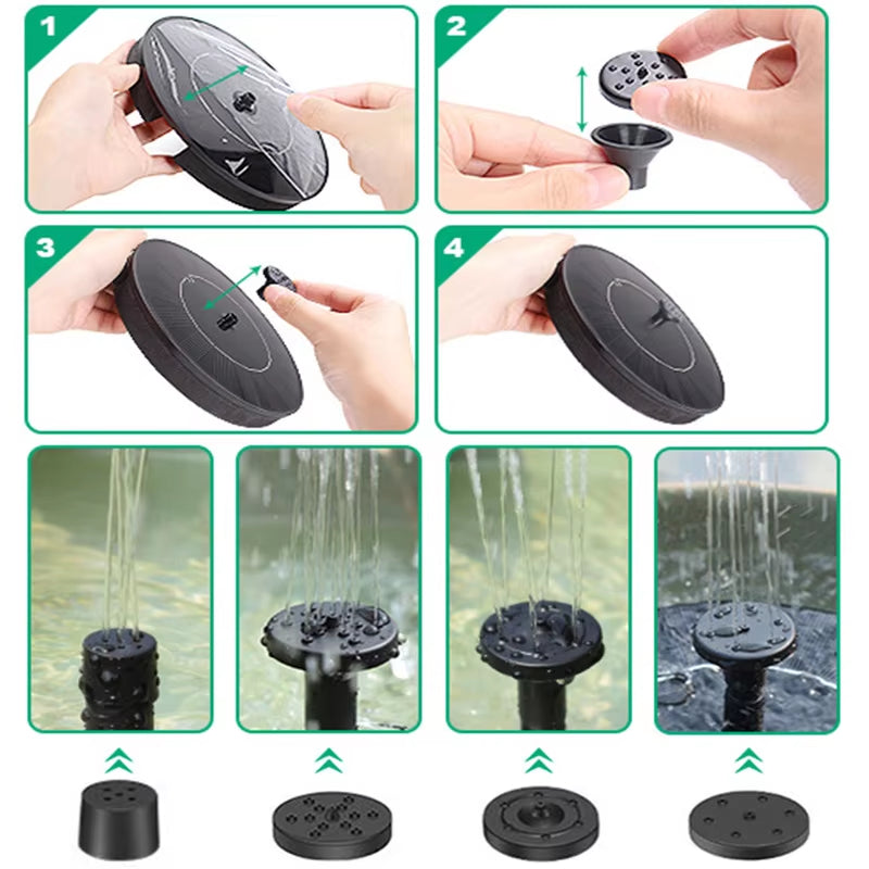 Solar-Springbrunnen — kabellos, 4 Düsen, für Vogelbad, Teich & Pool