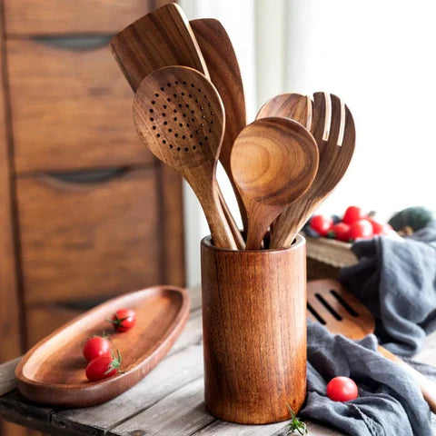 Teak Kitchen Utensil Set – 9 Pieces with Holder & Spoon Rest