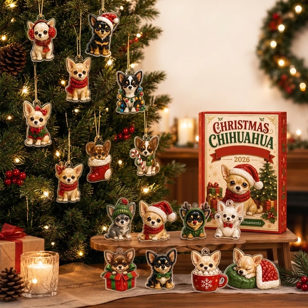 Chihuahua Advent calendar with 24 acrylic ornaments for the Christmas tree