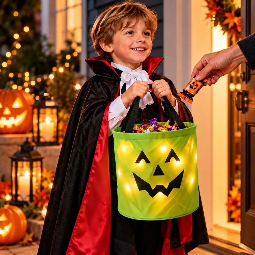 LED pumpkin basket for Halloween with handle