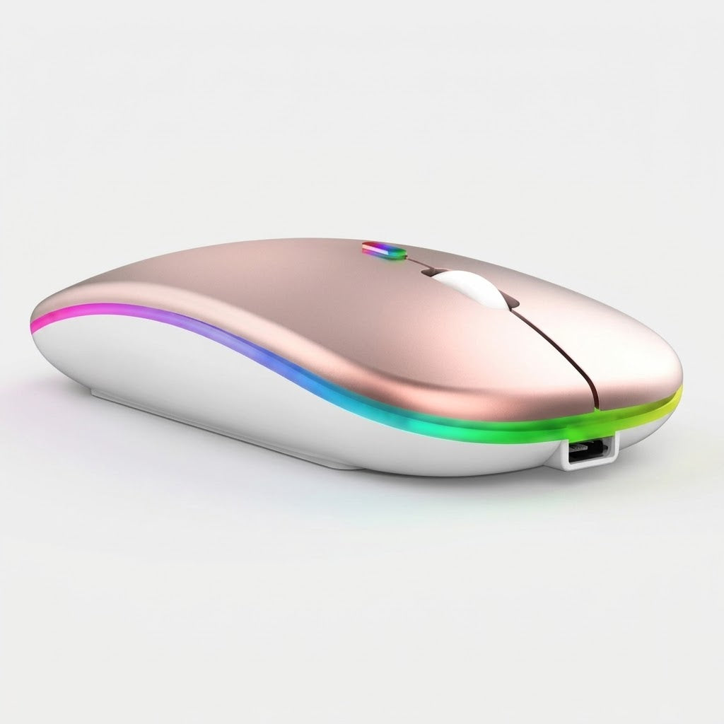 Quiet wireless mouse, Bluetooth 5.2 and USB receiver, rechargeable, RGB